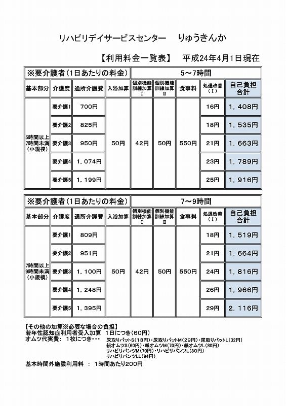 リハビリデイサービス利用料金